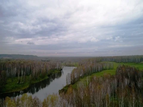 Autumn birch forest and the river view from the air Stockbeeldmateriaal 80553255