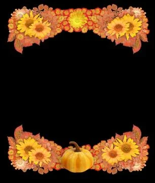 Autumn Border or Frame with Pumpkin, Dried Flowers, and Leaves Stock Photos