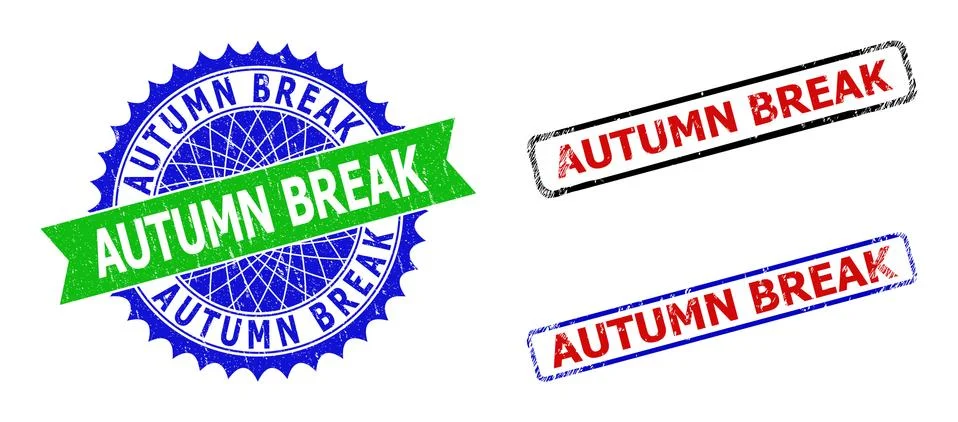 AUTUMN BREAK Rosette and Rectangle Bicolor Stamp Seals with Grunge Textures Stock Illustration