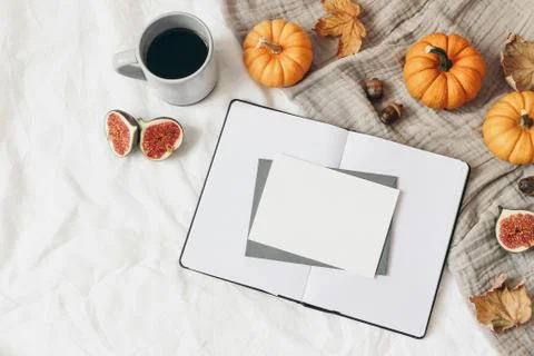 Autumn breakfast composition. Empty open notebook. Greeting card mockup. Cup of Foto stock