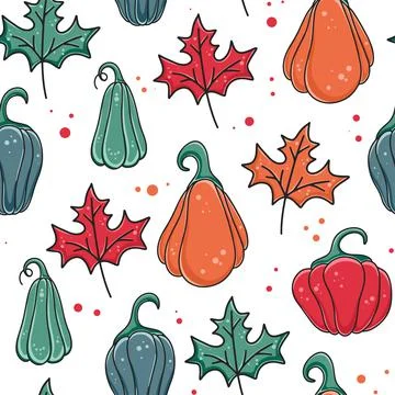 Autumn bright pattern with pumpkins and maple leaves Illustrazione stock