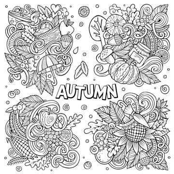 Autumn cartoon vector doodle designs set. イラスト素材