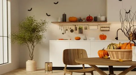 Autumn celebration with pumpkins on a rustic dining table in a vibrant kitchen Stock Illustration