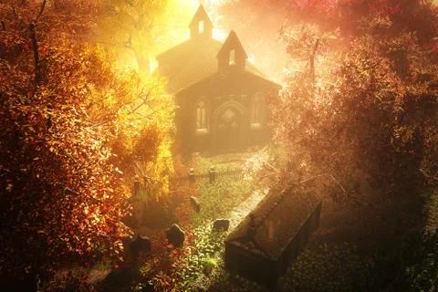 Autumn in Cemetery 3D render Illustrazione stock