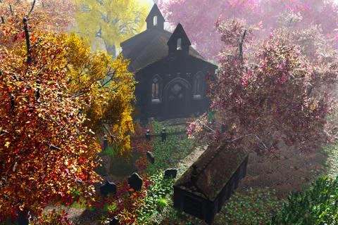Autumn in Cemetery 3D render Illustrazione stock