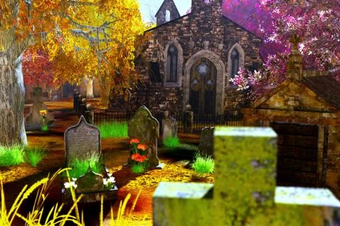 Autumn in Cemetery 3D render Illustrazione stock