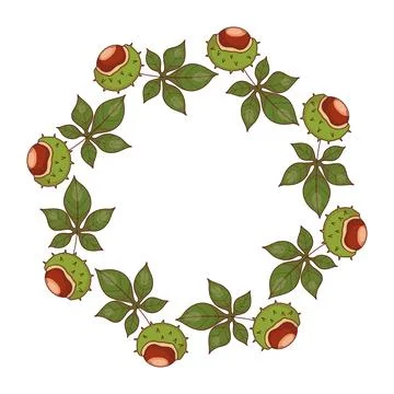 Autumn Chestnut Circle Wreath Frame. Botanical Leaves and Brown Nuts In Spi.. Stock Illustration