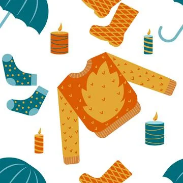 Autumn clothes seamless pattern: sweater, socks, boots. Fall season elements 스톡 일러스트