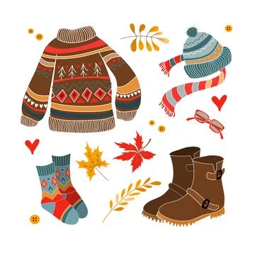 Autumn clothes set flat style. Warm fall clothes and accessories. Cartoon vec Stock Illustration