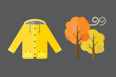 Autumn clothes set items the fall acorn leaves tree rain clouds cold weather red 스톡 일러스트