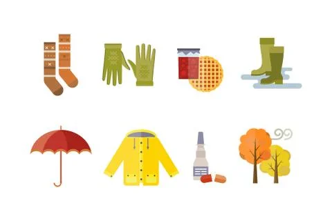 Autumn clothes set items the fall tree rain clouds cold weather red yellow 스톡 일러스트