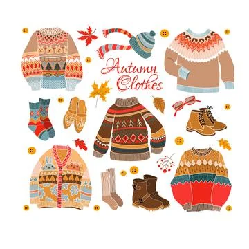 Autumn clothes vector set flat. Sweater, boots, scarf and accessories. Warm p Stock Illustration