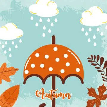 Autumn clouds rainy with leafs and umbrella Stockillustratie