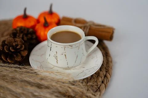 Autumn coffee cup with rustic fall decor, top view Stock Photos