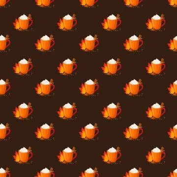 Autumn Coffee Seamless Pattern With Cinnamon, Cloves And Maple Leaves Stock Illustration