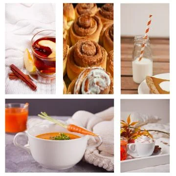 Autumn collage of five photos. Hot cup of apple tea with spices, carrot soup, Photos