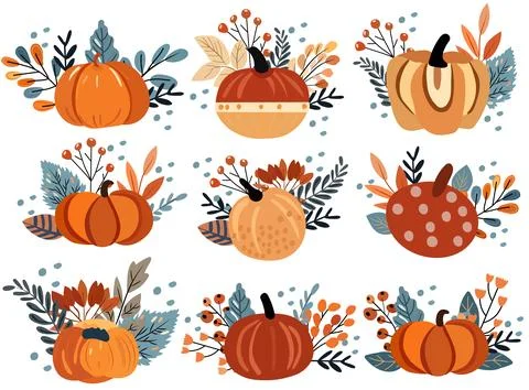 Autumn collection featuring a pumpkin composition, multicolored foliage, red Stock-Illustration