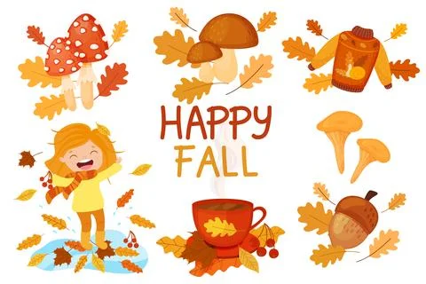 Autumn collection of illustrations. Ready made seasonal cards in one palette. Stock Illustration
