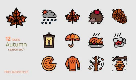 Autumn colored line icon vector set Stock Illustration