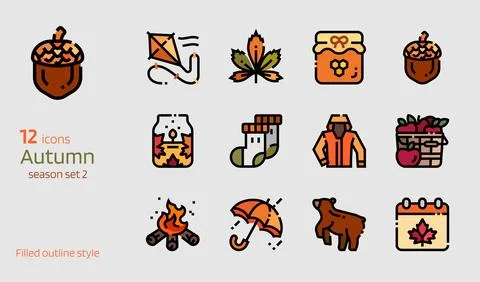 Autumn colored line icon vector set. Stock Illustration