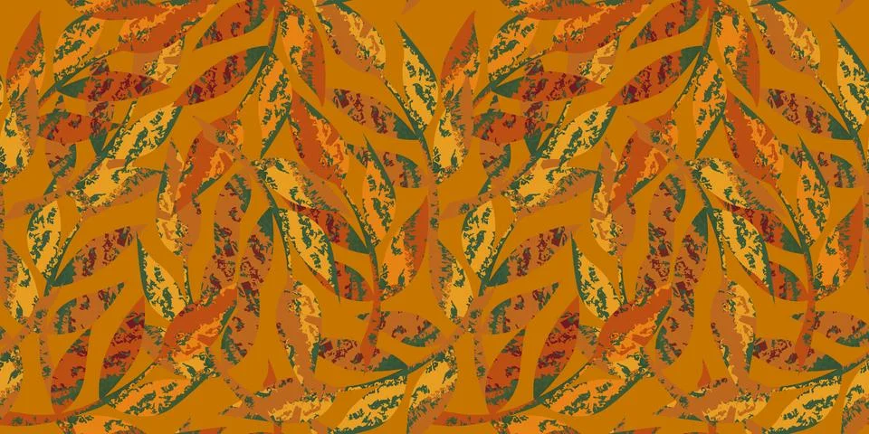 Autumn colored seamless pattern with texture of branches and leaves Stock Illustration