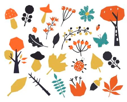 Autumn colorful leaves set isolated on white background. Cartoon leaf collection Stock Illustration