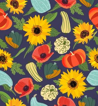 Autumn colorful pumpkins seamless pattern with leaves, sunflowers, poppies Stock Illustration