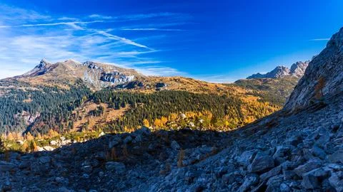 Autumn colors are exploding in the woods of Carnic Alps Stock Photos
