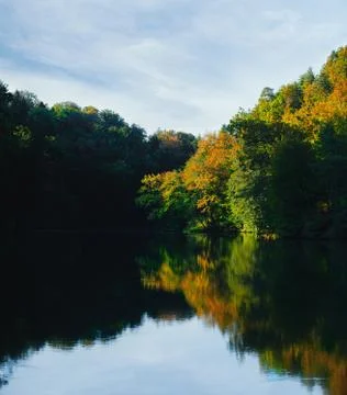 Autumn colors on the trees by the lake, deep shadows and sky reflection in water Stock Photos