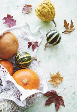 Autumn composition with assorted pumpkins in eco string bag Foto stock