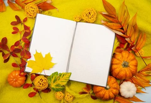 Autumn composition background knitted with workspace planner blank notebook,  Stock Photos