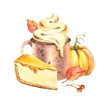 Autumn composition with cocoa mug, pumpkin and pie slice in warm tones, hand Stock Illustration