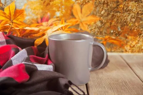 Autumn composition. Cup of coffee, blanket and autumn leaves. Stock Photos