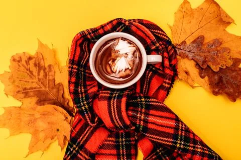 Autumn composition of a cup of coffee with marshmallow on a yellow background Stock Photos