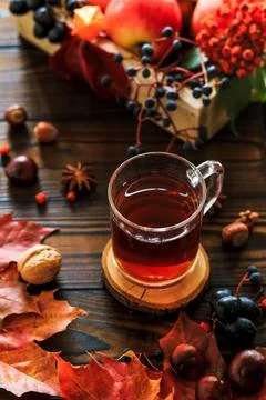 Autumn composition with a Cup of tea Stock Photos