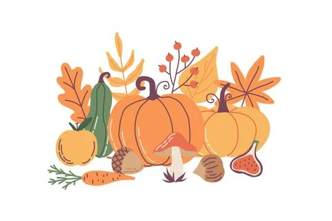 Autumn composition, cute hand drawn pumpkins, seasonal objects. Vector Illustration