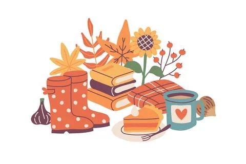 Autumn composition, cute hand drawn seasonal objects. Vector illustration in 스톡 일러스트