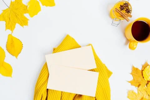 Autumn composition flat lay. Comfortable and cozy autumn, lifestyle concept. Stock Photos