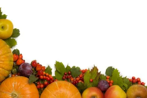 Autumn composition. Frame border from pumpkin, fallen leaves, apples Stock Photos
