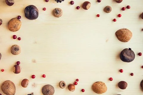 Autumn composition. Frame made of nuts, berries and cones on wooden backgroun Foto stock