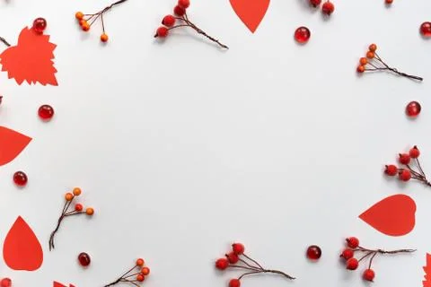 Autumn composition frame Paper colored leaves branches berries on white backg Stock Photos