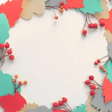 Autumn composition frame Paper colored leaves branches berries on white backg Stock Photos