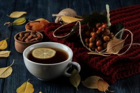 Autumn composition with hot tea nuts berries and autumn yellow leaves on a da Stock Photos