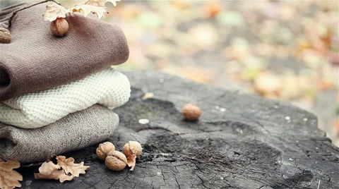 Autumn composition with knitting clothes on an old tree stump in autumn forest Stock Footage 56235248