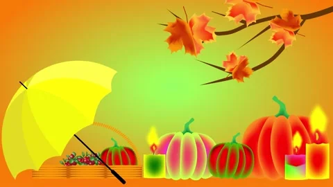 Autumn composition. Multi-colored pumpkins, burning candles, yellow umbrella Stock Footage 237535588
