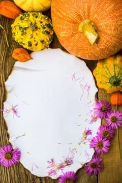 Autumn composition old postcard surrounded gifts fall Stock Photos