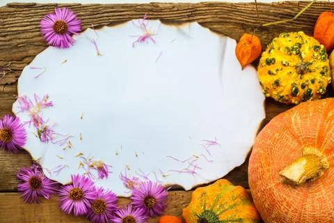 Autumn composition old postcard surrounded gifts fall Stock Photos