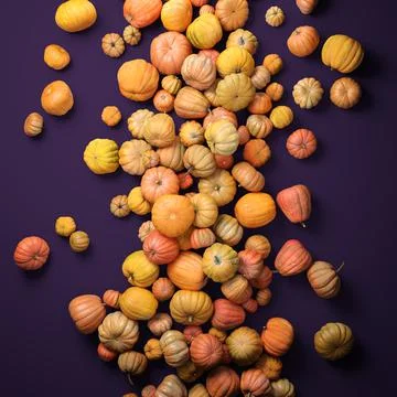 Autumn composition of orange pumpkins on violet table background. 스톡 일러스트