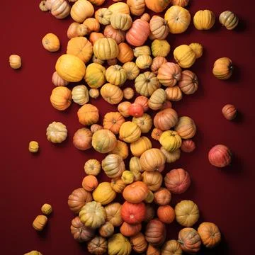 Autumn composition of orange pumpkins on violet table background. Stock Illustration