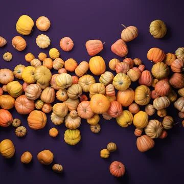 Autumn composition of orange pumpkins on violet table background. Stock Illustration